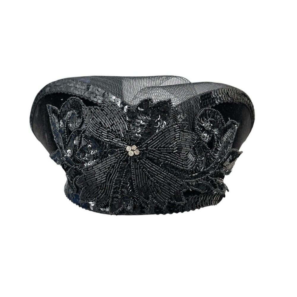 Vintage Deborah New York Wool Hat Beaded Sequin Netting Black Made In USA